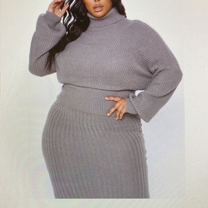 NWT Fashion Nova Grey turtleneck sweater set with Pull-on midi skirt. Size 3X
